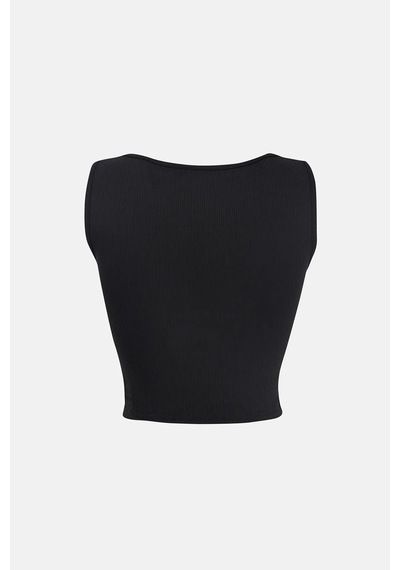 Hiccup Düz Renkli Fitilli Ön Kıvrık Crop Top Siyah