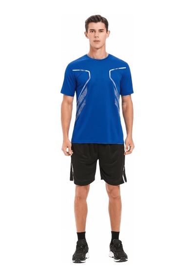 Genius Store Erkek Spor Tişört Antreman Gym Polyester Erkek Sporcu T-shirt Şeritli-tişört Mavi