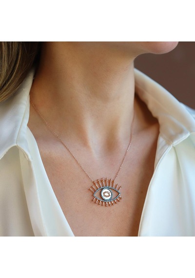 Göz Turkuaz Taşlı Rose Gold Gümüş Kolye Gümüş
