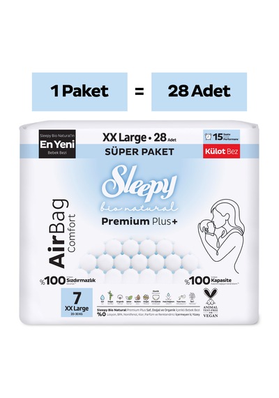 Sleepy Bio Natural Premium Plus Airbag Comfort Süper Paket Külot Bez 7 Numara Xxlarge 28 Adet