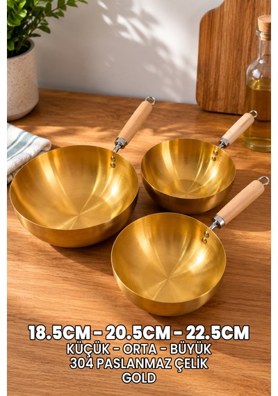 3 Adet Gold Tava Seti - Japon Stil Gold Wok Tava - Tam Yuvarlak Tava - 304 Paslanmaz Çelik Profesyonel Ahşap Saplı -