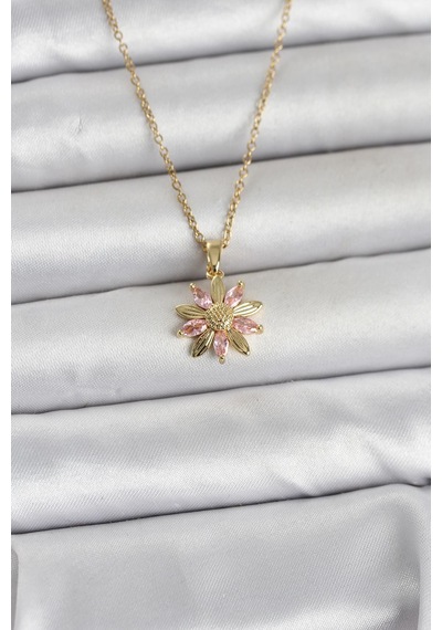 316l Çelik Zincir Gold Renk Pembe Papatya Model Kadın Kolye Çok Renkli