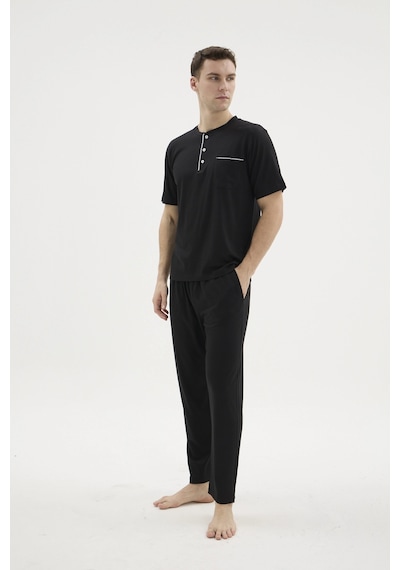 Angbutik Kocabey Bkk-26404 Battal Midi Yaka Pijama Takımı Siyah