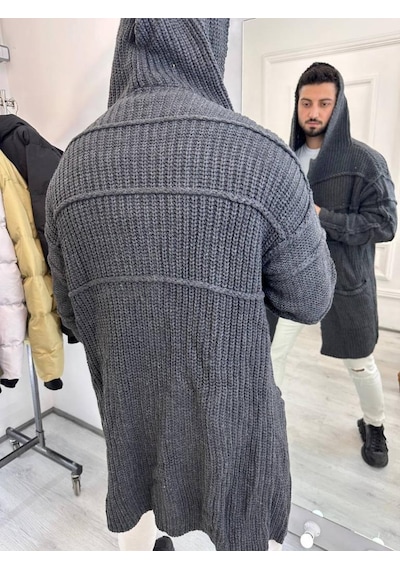 Elku Moda Elkumoda Hırka Kapüşonlu Cepli Örgü Triko Uzun Panço Hırka Hırka2785-HIRKA2785