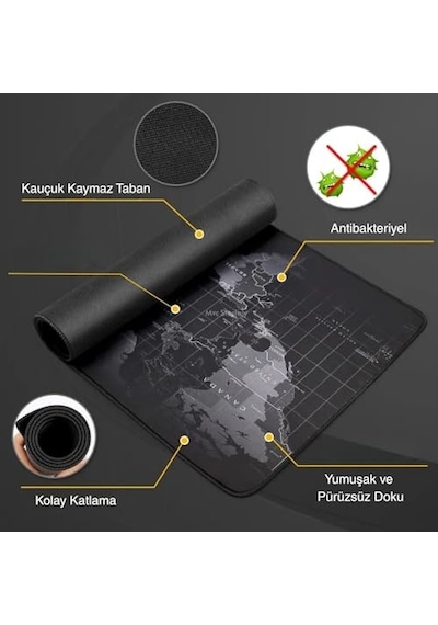 Mouse Pad 30x60 Cm Kaymaz Kauçuk Tabanlı Dünya Haritası Gaming Büyük Boy Klavye Ve Mouse Altlığı Ergonomik Oyun