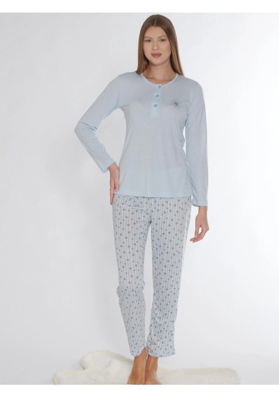 Uzun Kol Pijama Takım Viskon Alperi 790-76 Mavi