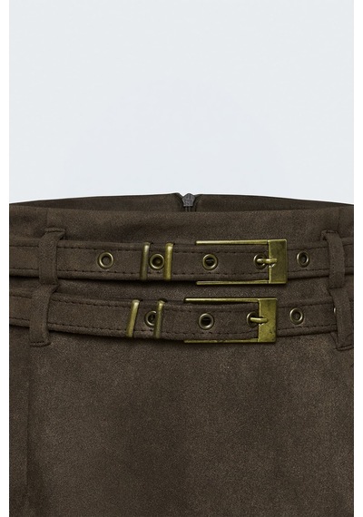 Sateen Süet Çift Kemerli Mini Etek - Kahve-138005