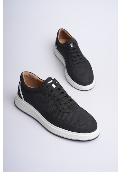 Fame Step Hakiki Deri Erkek Sneaker Ayakkabı Delikli Nefes Alan Günlük Rahat Spor Ayakkabı Lucca Siyah