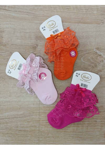 Ünlü Çorap 3 Çift Bebe Çorap Dantelli Fiyonklu Coton Çok Renkli