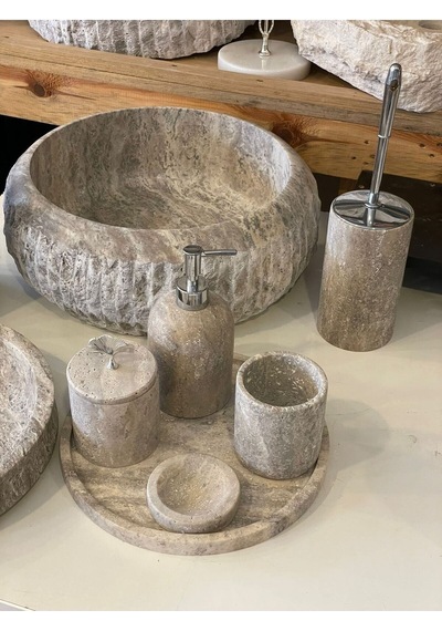Yeni Silver Gümüş Traverten 9'lu Lavabo Ve Kaseli Banyo Takımı Beyaz