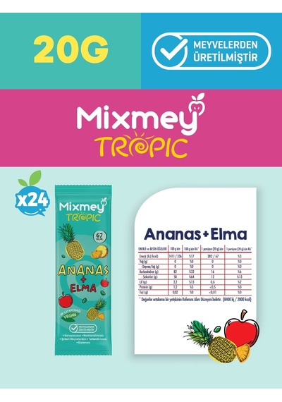 Mixmey Ananas Meyve Barı 24 Adet | Atıştırmalıklar – Vegan, Glutensiz, Koruyucusuz 20gr X 24 Adet