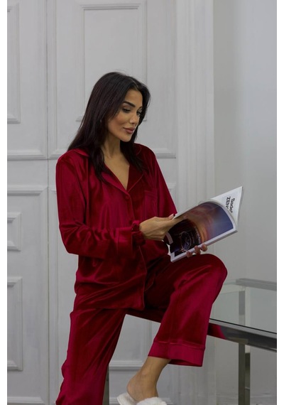Gizotti Kırmızı Gofrajlı Kalp Nakışlı Uzun Kadife Pijama Takımı Xl Kırmızı