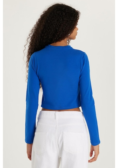 Tudors Kadın Slim Fit Pamuklu Düz Bisiklet Yaka Mavi Bluz-34102 Mavi