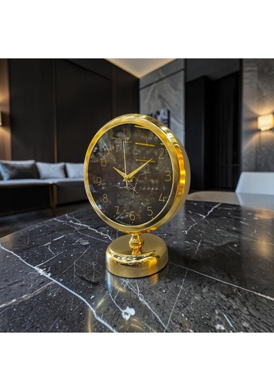 Gold Marble Masa Saati Altın Çerçeveli Siyah Mermer Desenli Modern Lüks Dekoratif Saat Altın