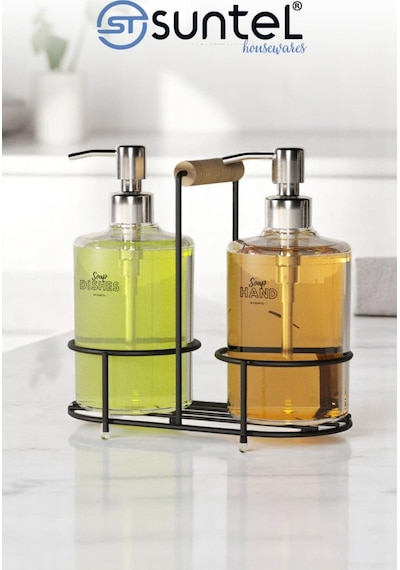 Suntel 2 Li Metal Standlı Plastik Sıvı Sabun Şişesi Sabunluk 500 Ml Siyah