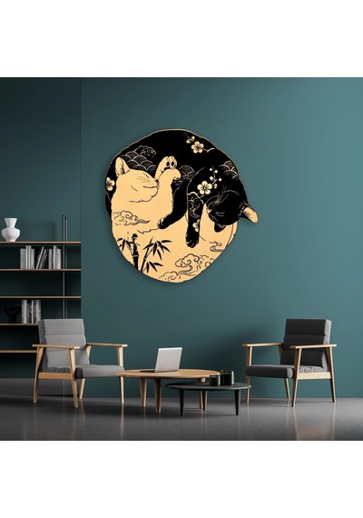 Yin Yang Kediler Japon - Metal Tablo - Dec0166 60 X 60 Cm Çok Renkli