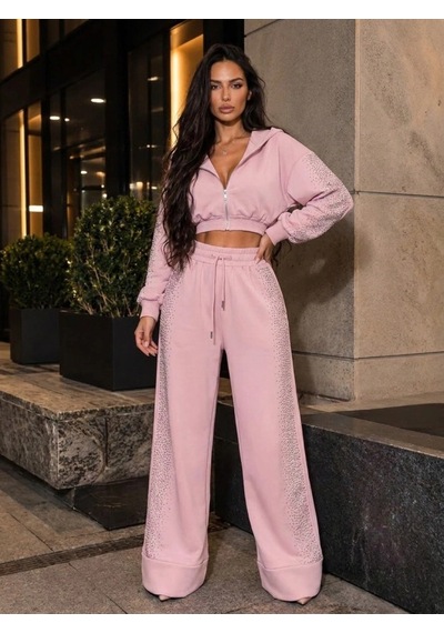Zennamoda Kadın Taş Baskı Detaylı Fermuarlı Crop Sweatshirt Ve Geniş Paça Eşofman Takımı Pembe Zennamoda Kadın Taş Baskı Detaylı Fermuarlı Crop Sweatshirt Ve Geniş Paça Eşofman Takımı Pembe