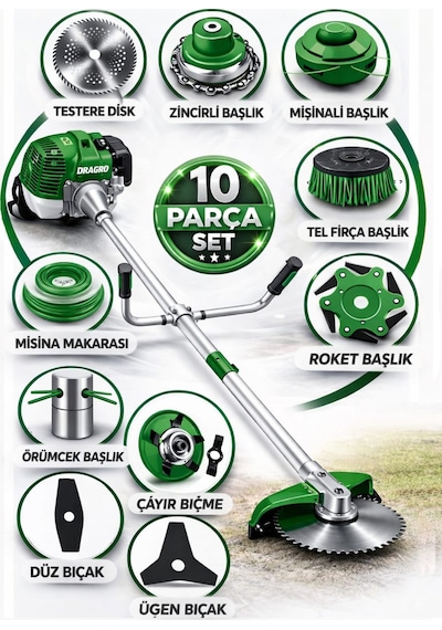 Dragro German Drg-10 + Yan Tipi Benzinli Ot Çalı Çim Biçme Tırpanı + Full Set Hediyeli Y