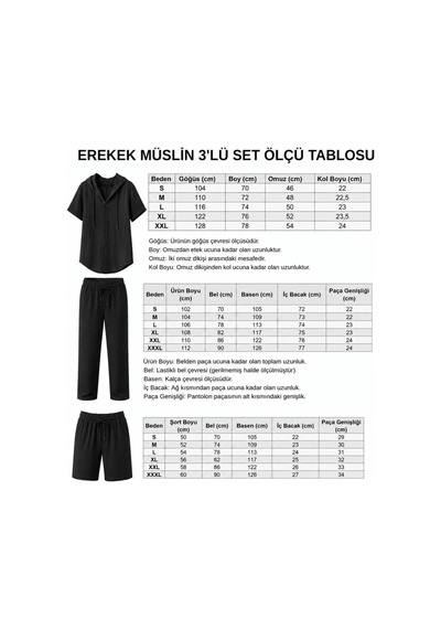 Erkek Müslin Kapşonlu 3'set Gömlek-şort-pantalon Siyah