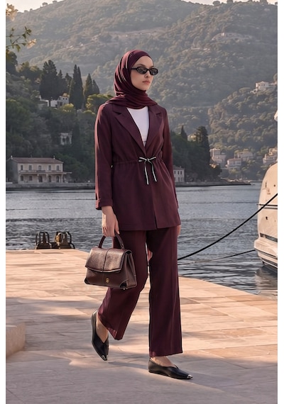 Avenna Belden Bağlamalı Ceket Bol Paça Pantolonlu İkili Takım Mürdüm 26ya630