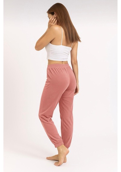 Kadın Soft Cepli Fransız Kadife Tek Alt Pijama Pudra