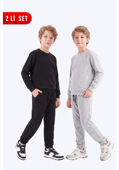 Panios Kids 2'li Erkek Çocuk Düz Bisiklet Yaka Çift Cepli Eşofman Takımı Siyah - Gri