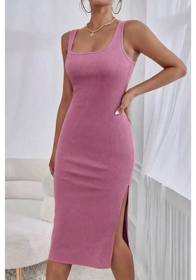 Buğrahayalin Kadın Askılı Kare Yaka Yandan Yırtmaçlı Midi Kaşkorse Elbise Pembe
