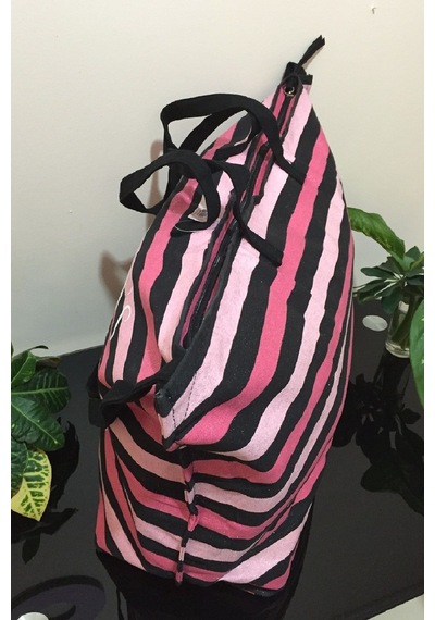 Victoria's Secret Vs Simli Siyah Pembe Çizgili Askılı Duffle Carryall Tote Siyah
