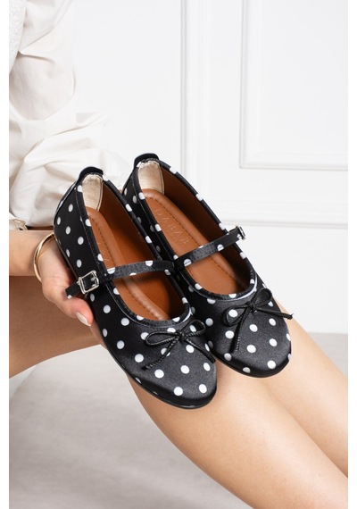 Dabab Shoes Penelop Kadın Siyah Saten Puantiyeli Fiyonk Detaylı Ayarlanabilir Tokalı Ortopedik Taban Mary Jane Babet Ayakkabı