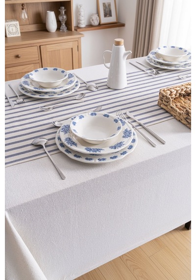 Lacivert Çizgili Keten Runner 40x140 Cm - Yumuşak Dokulu Lacivert