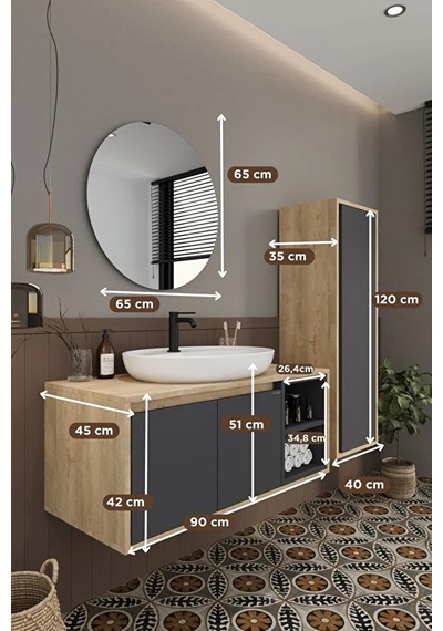 Gül 90 Cm %100 Mdf Lavabolu Banyo Dolabı Ayna Alt Dolap Lavabo Boy Dolabı Antrasit