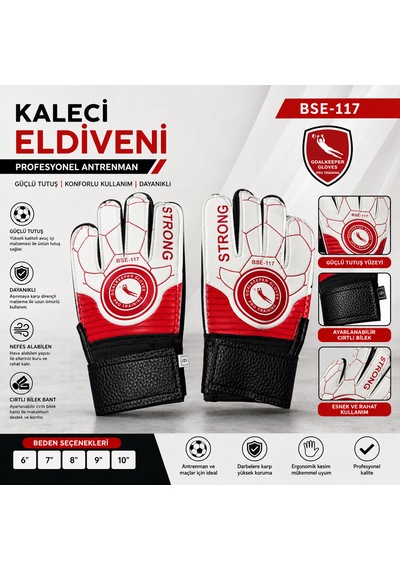 Bse-117 Kaleci Eldiveni Profesyonel Antrenman Ve Maç Eldiveni, Cırt Cırt Bilek Destekli Kırmızı