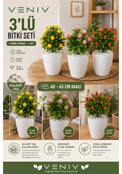 3 Lü Dekoratif Yapay Bitki Seti 40-45 Cm Dolamit Taşlı 10 Meyveli Renkli