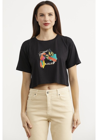 Oversize Baskılı Crop Tişört - Siyah Çok Renkli