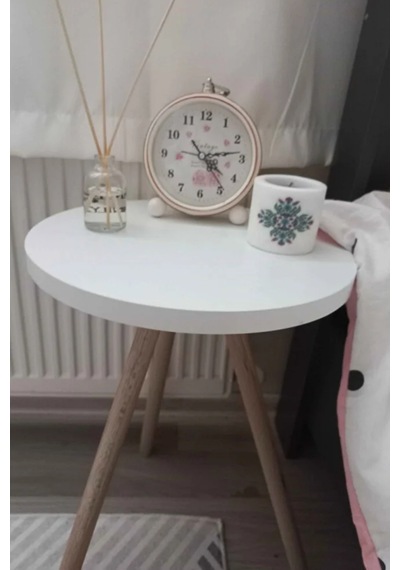 Tekli Yan Sehpa Çiçeklik Saksılık Standı Dekoratif Yan Sehpa Seti Ahşap Ayaklı 33 Cm Çap - Beyaz Beyaz