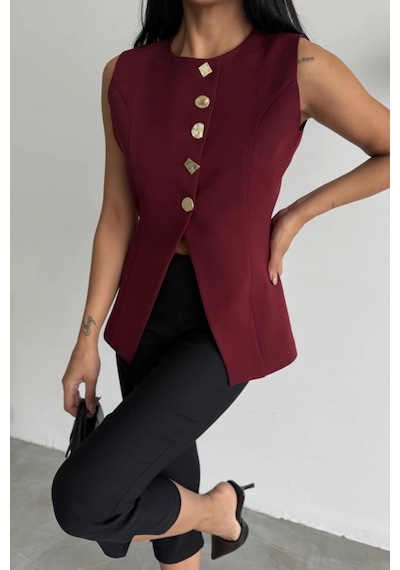 Defymoda Gold Düğme Detaylı Yelek - Bordo Bordo