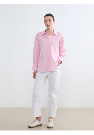 Lc Waikiki Pembe Çizgili Poplin Kadın Gömlek