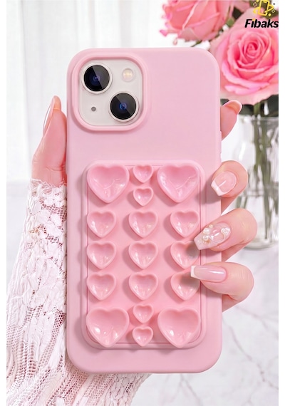 Fibaks iPhone 13/14/15 Uyumlu Kılıf Kendinden Vakumlu İçi Kadife Kalp Desenli Soft Silikon Güçlü Tutuş & Estetik Tasarım Rose