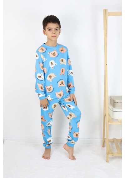 Harika Kids Erkek Çocuk Baskılı İnterlok Kumaş Uzun Kollu Pijama Takımı Açık Mavi