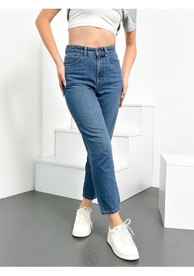 Açık Mavi Kadın Mom Jean Yüksek Bel Kot Pantolon Anna Model 001