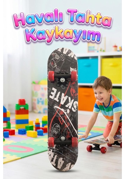 Skate Desenli Rulmanlı 4 Tekerlekli Başlangıç Kaykayı Konforlu Eğlenceli Ahşap Çocuk Skateboard Kırmızı
