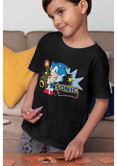 Sevbano Sonic The Hedgehog Baskılı Unisex Çizgi Film Çocuk Tişört 1-12 Y SIYAH
