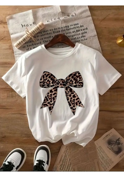 Unisex Leopar Desenli Kurdele Özel Tasarım Ön Baskılı Tasarım Tshirt Beyaz