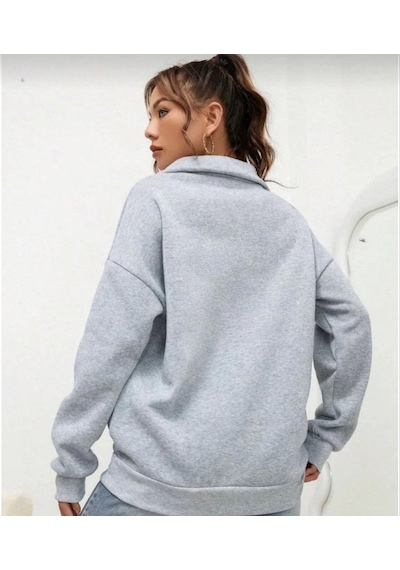 Etiler Collection Unisex Uzun Kol Yarım Farmuarlı Yakalı Basic Sweatshirt - Gri