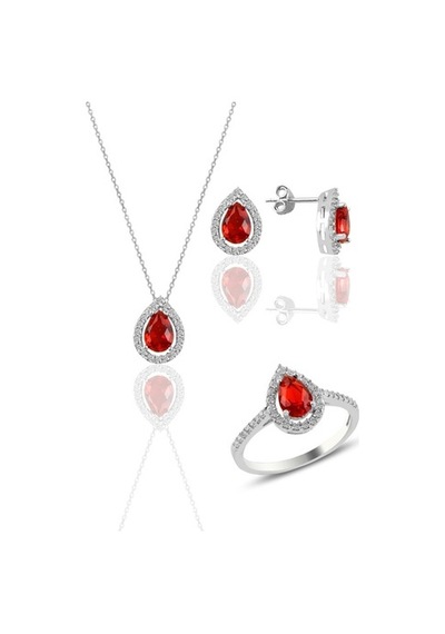 Gümüş Rodyumlu Kırmızı Taşlı Damla Modeli Üçlü Set