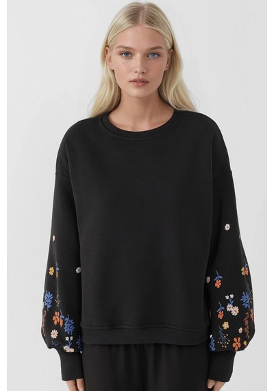 Hiccup Baskılı Uzun Kollu Yuvarlak Yaka Sweatshirt Siyah