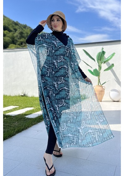 Remsa Tesettür Mayo Üzerine Triko Örme Tek Kaftan Pareo 430-t12 Çizgi Yaprak Ekru