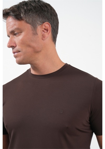 Kahverengi Bisiklet Yaka Kısa Kol Örme Standart Fit Esnek Tişört 1011260251