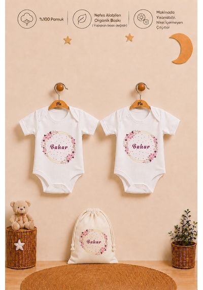 Pia Baby İsimli Kız Bebek Hediye Seti 2 Adet %100 Pamuk Organik Baskılı Çıtçıtlı Body Zıbın Ve Ham Bez Kıyafet Kesesi 2023b2k2x Ekru