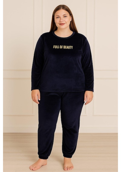 Pemilo Kadın Büyük Beden 13212 Kadife Pijama Takımı Lacivert Lacivert